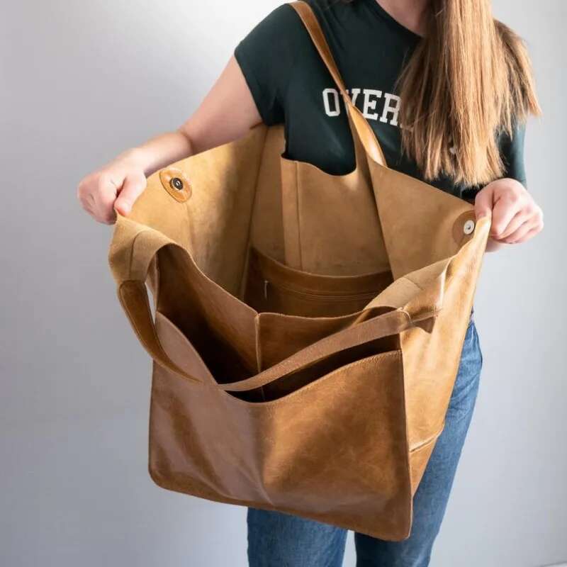 Handmade Rretro Big Beach Tote Bag High Capacity Zipper Shoulder Solid Color Multifunction Handbags for Ladies