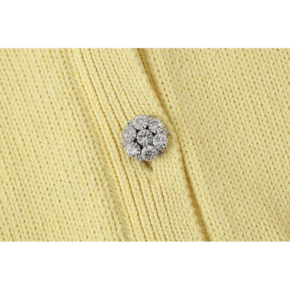 TRAFZA Elegant Casual Plain Knit Women's Sweet Shirt With Rhies New 2024 Spring Fasion Yellow Cardigan