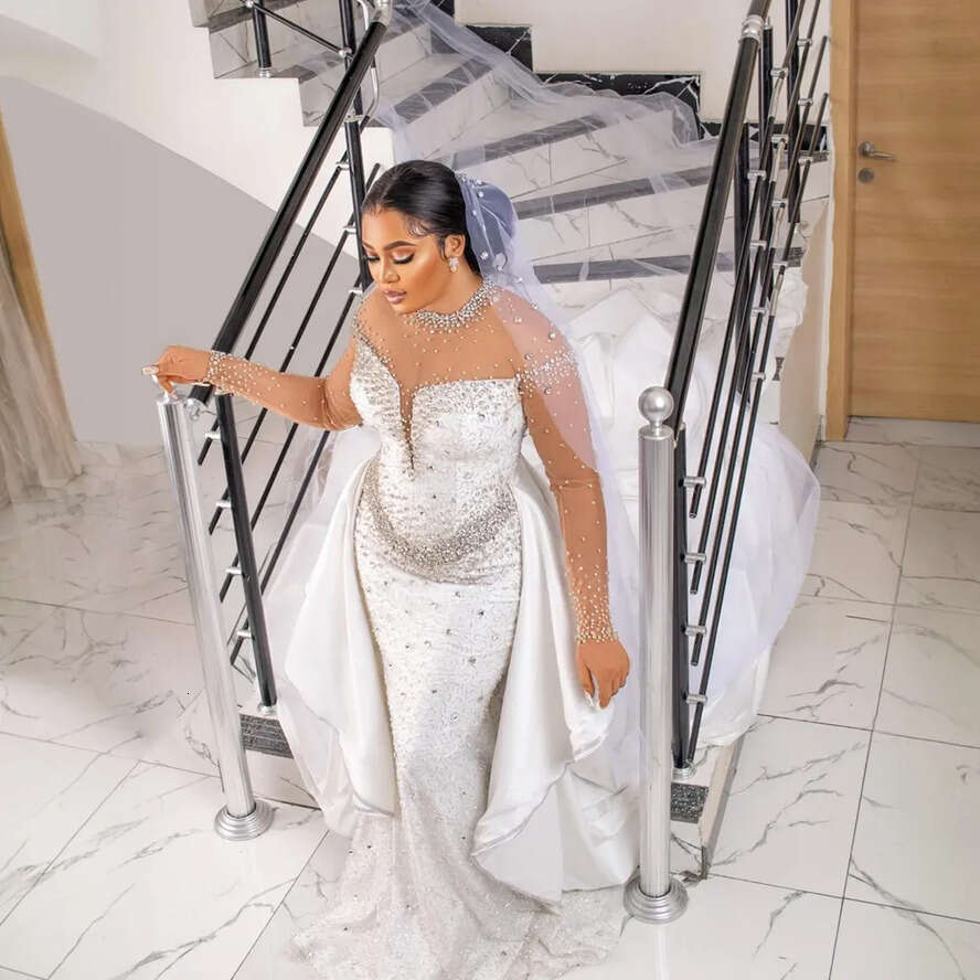 Mermaid Wedding Dress Bride Plus Size Sheer Neck Long Sleeves Lace Beaded Bridal Gowns For African Marriage Black Women With Detachable Train Cdw199 0