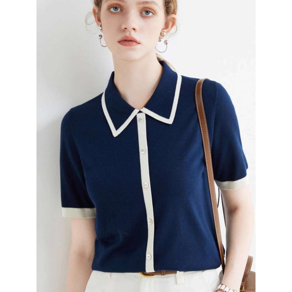 Sweet Age Reduction Small Fragrance Thin POLO Collar Short Fake Cardigan Summer Loose Slimming Lapel Half Sleeve Sweater