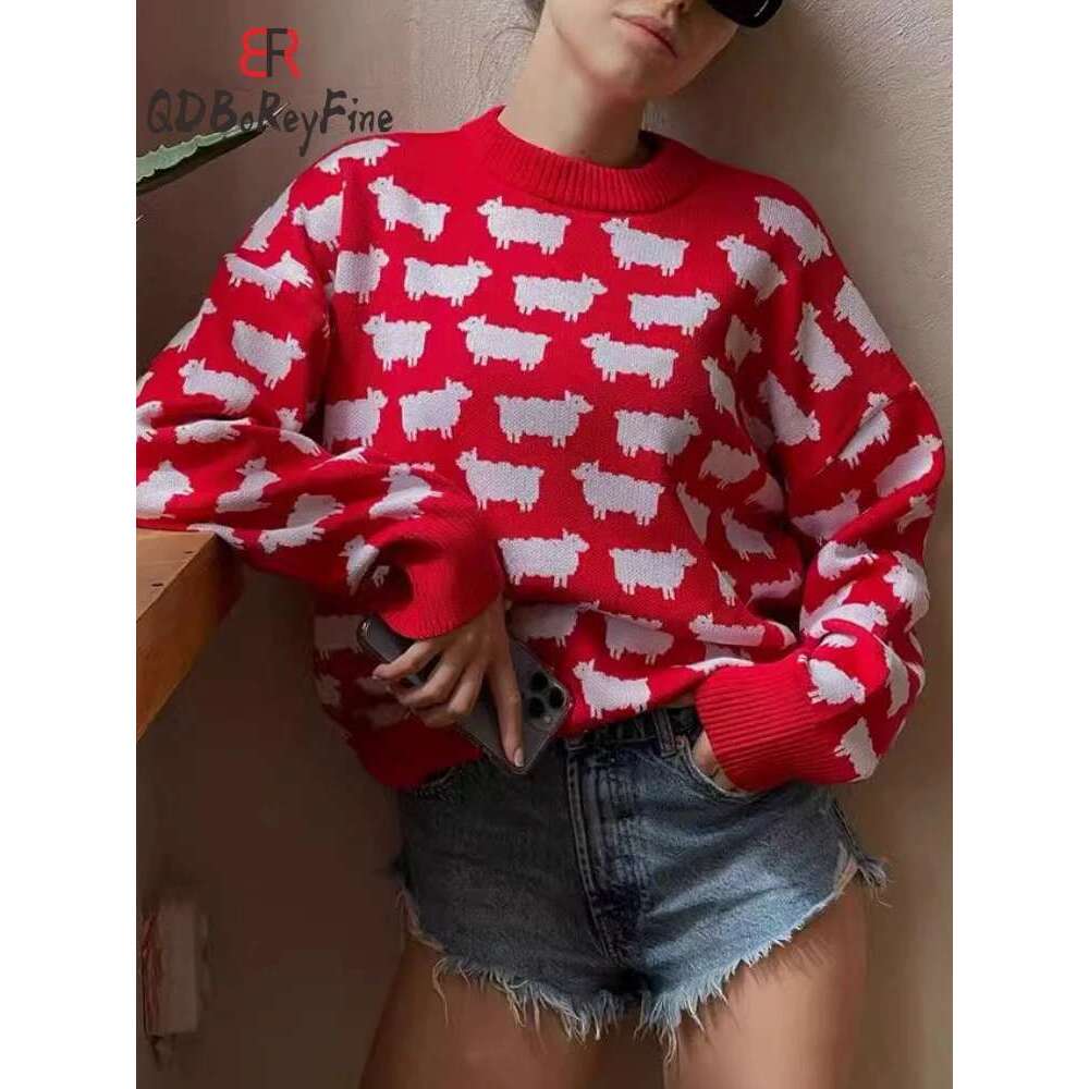 Women's Oversize Sweater Winter Autumn Animal Printed O-Neck Casual Jumpers Knitted Long Sleeve Tops Loose Office Pullovers 2024