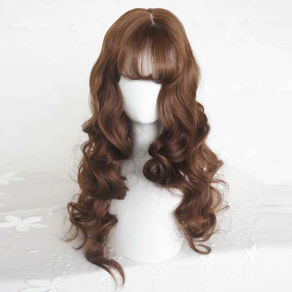 VICWIG long wavy brown wig with bangs synthetic female Lolita cosplay fluffy natural heat-resistant hair wig suitable for daily parties M241028