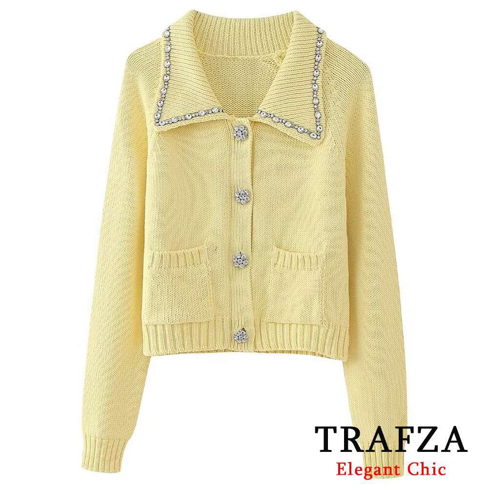 TRAFZA Elegant Casual Plain Knit Women's Sweet Shirt With Rhies New 2024 Spring Fasion Yellow Cardigan