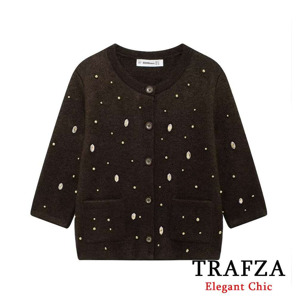 TRAFZA Women Vintage Soft Tweed Button Jewel Embellished New 2024 Autumn Fall Fashion Jacket With Pocket