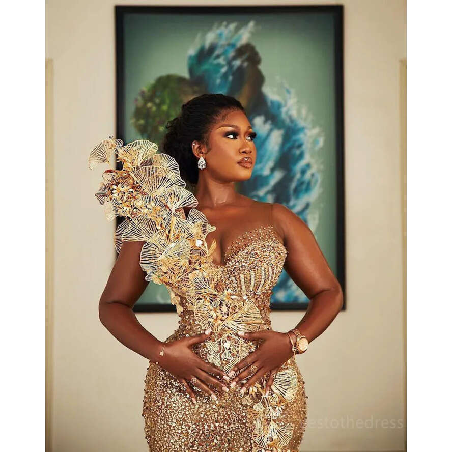 2024 Gold Plus Size Aso Ebi Prom Dresses For Black Women Evening Sequined Lace Mermaid Sexy Side Split Birthday Party Dress Reception Engagement Gowns