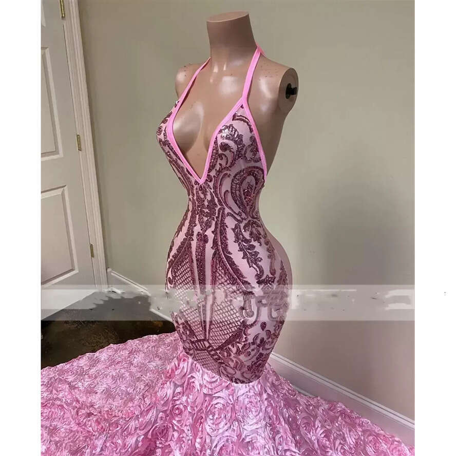 Pink Sequined Lace Prom Dresses Black Girls 2022 Sexy Halter African For Bridal Party Wear Formal Long Train Dinner Gowns Robe