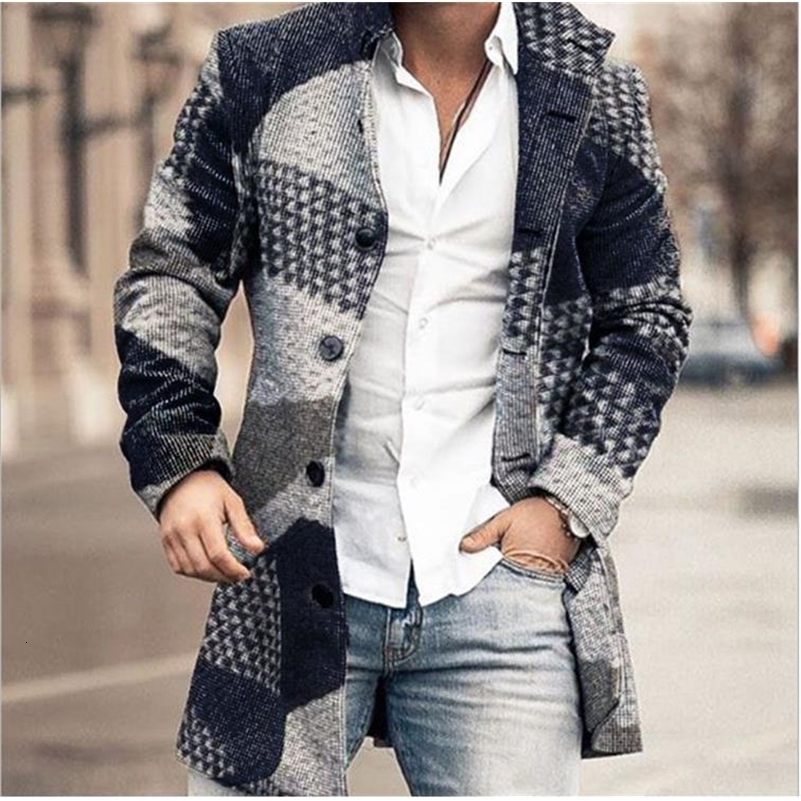 Autumn Winter Woolen Printing Mens Coat Windbreaker Long Sleeve Single Breasted Button Fashion Casual Jacket 241007