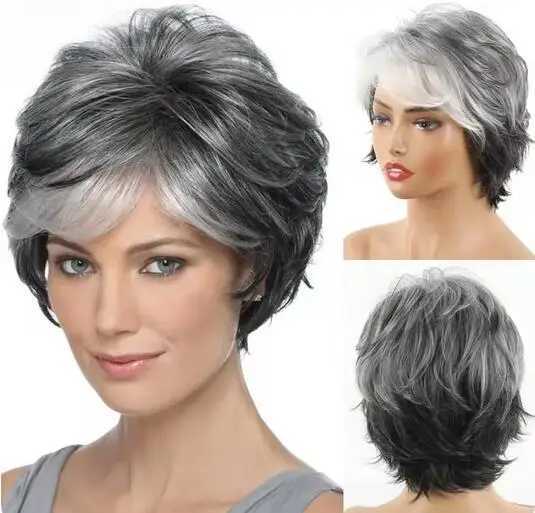 Silver wig grey Umbre womens wig with curtain bangs synthetic highlights grey bob short hair silver multi-layer wig M241028