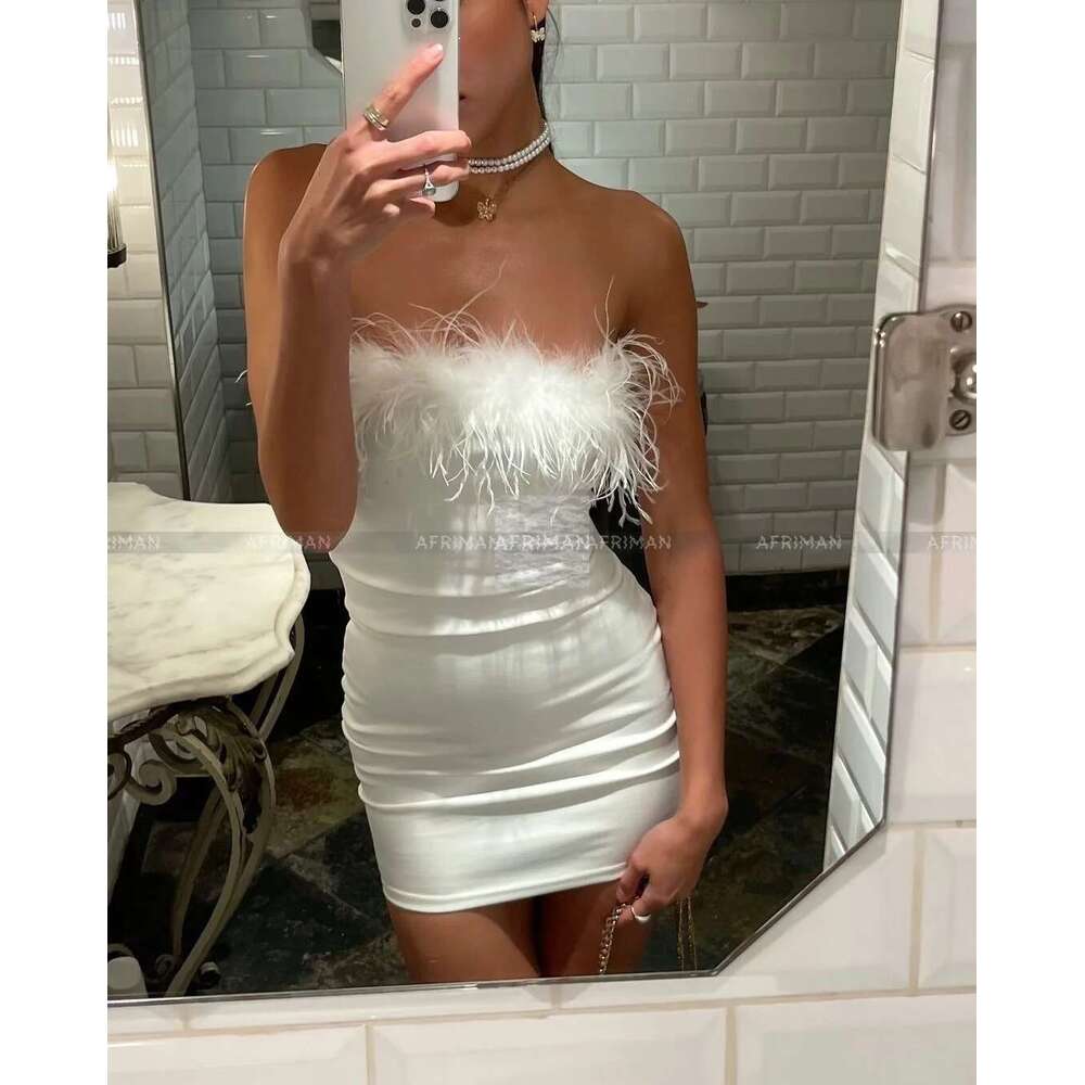 Women Ostrich Hair Strapless Slash Collar Celebrity Style Event Wear Sexy Bodycon Dress
