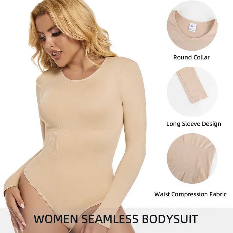 Long Sleeve Bodysuits Shapewear for Women Seamless Waist O Neck BodySuit Stretch Basic T Shirt Tops Thong Shaper CorsetsXJ241028