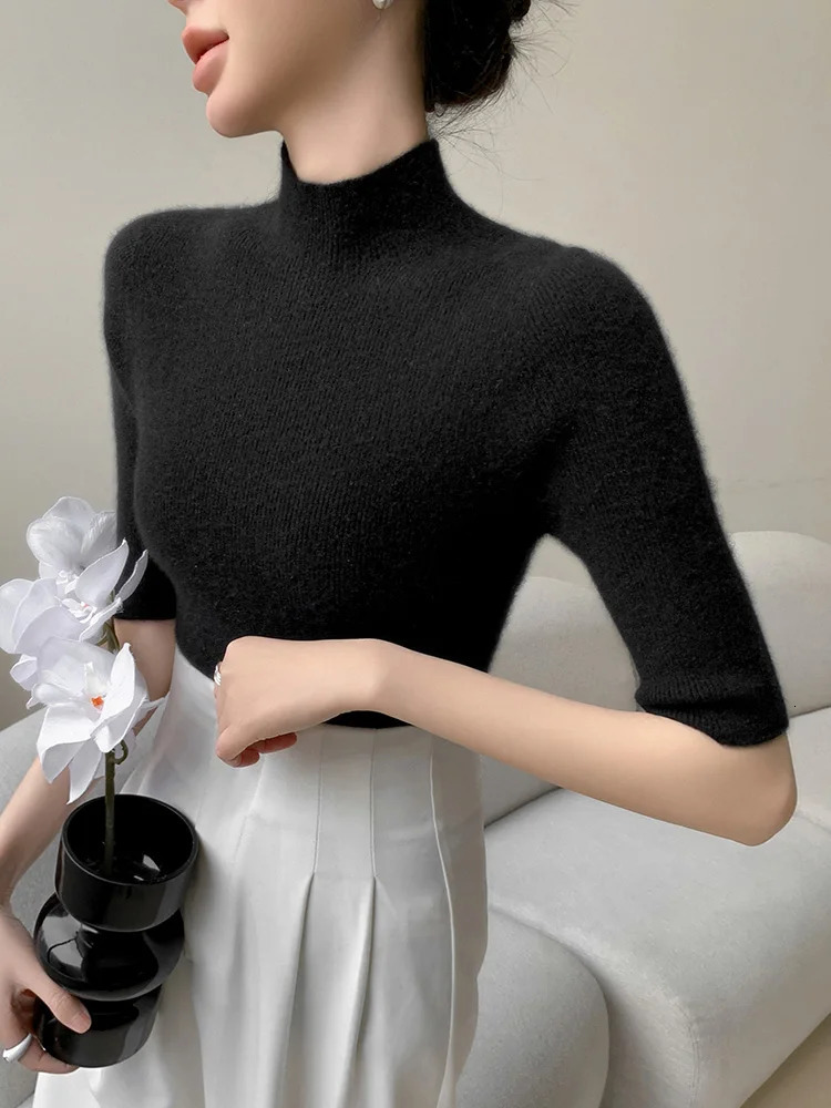 Womens Ultra Thin Plain Collar Half Sleeve Pullover Sweater Solid Color Basic Soft 100% Merino Wool Knitted Spring Summer Top 241028