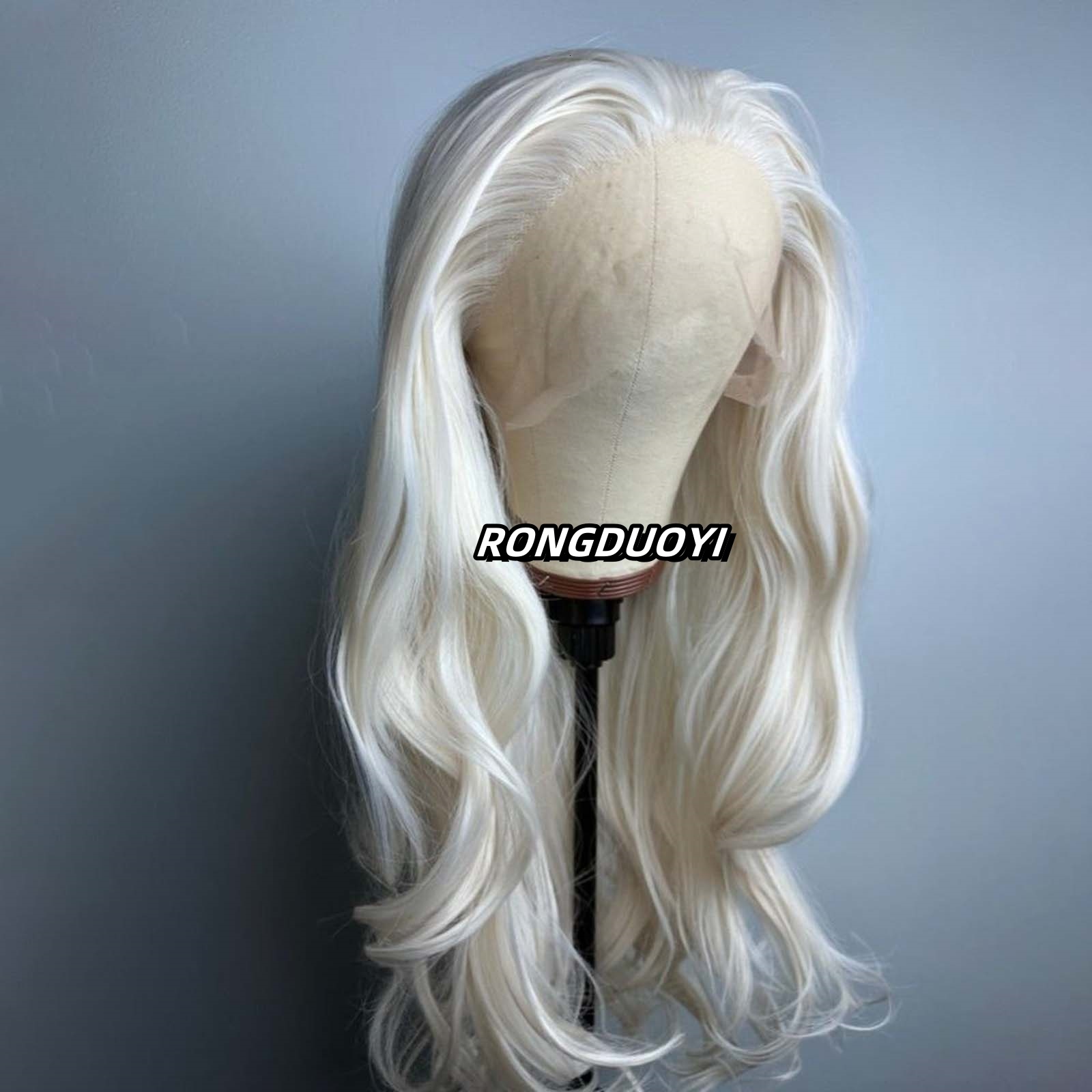 Platinum Natural Wavy Synthetic Hair Front Wig Long Curly Colored White Blonde Lace Frontal Wigs for Women Party