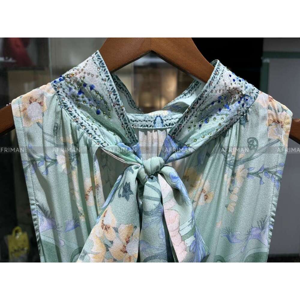 Women Mint Green Retro Print Ribbon Bow Collar Crystal Beaded Sleeveless Silk Long Vest Dress With Belt