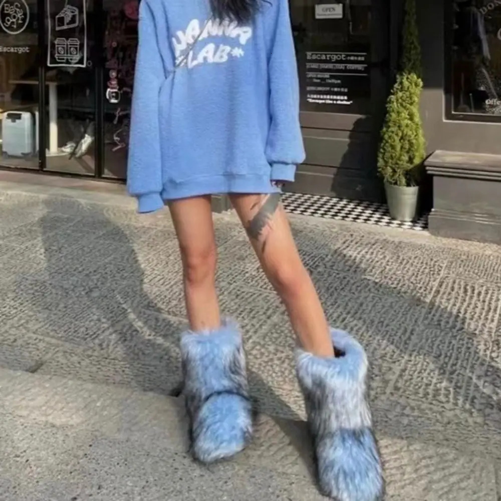 Womens Winter Snow Boots Outdoor Furry Faux Fox Fur Boots Woman Plush Warm Platform Shoes Fashion Bottes Big Size 44 241028