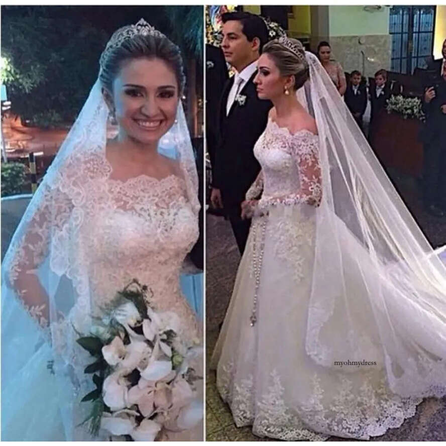 Country Long Sleeve Lace Appliques Spring A-E Wedding Dresses Sheer Neck Chapel Train Vestido De Novia Vintage Bridal Gowns Z16 0510