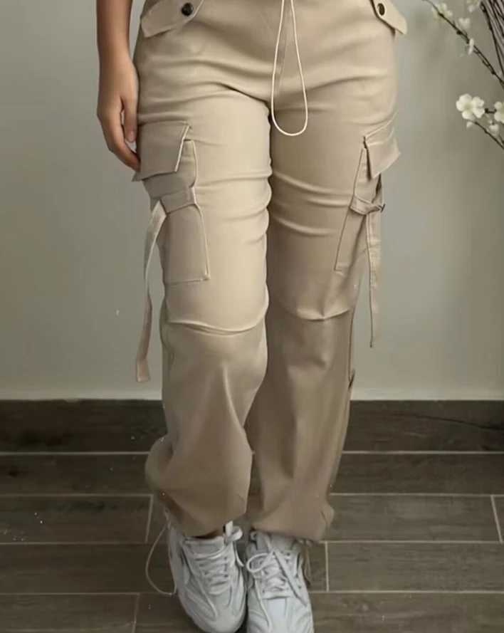 Womens Cargo Pants 2024 Spring Fashion Street Pocket Design Drstring Cuffed Pants Daily Casual Plain Long Pants VersatileX241028