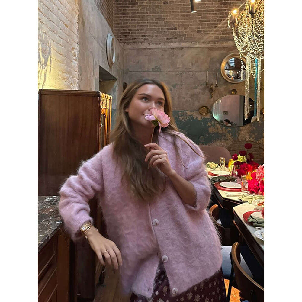 Solid Mohair Knit Cardigan Women Chic V Neck Single Breasted Long Sleeve Loose Sweater 2024 Autumn Female Casual Commuting Tops