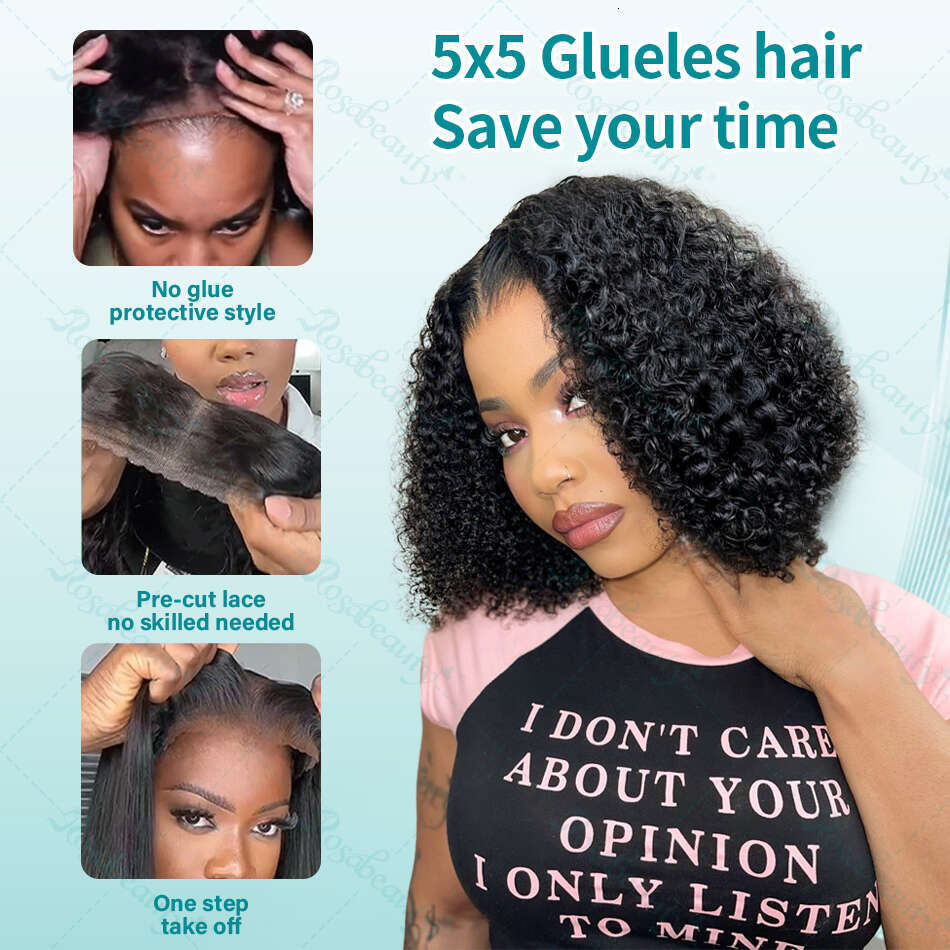 Rosabeauty Kinky Short Bob Human Hair Wigs Curly x Transparent Lace Frontal Wig Loose Deep Wave Closure Preplucked