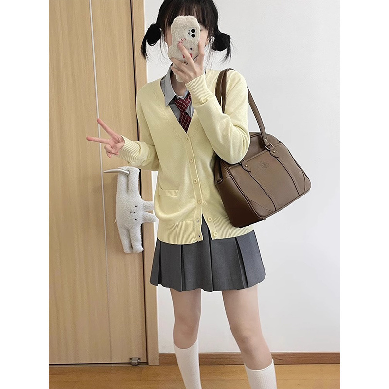 2024 New Designer Early Autumn Solid Color School Style JK Long Sleeve Uniform Versatile Knitted Loose Sweater Women's College Style Open Collar 