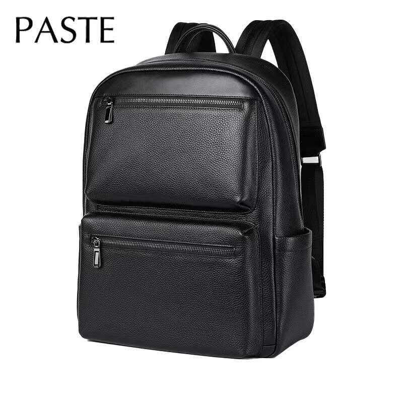 Fashion Korean Style Black Genuine Leather Men's Outdoor Business Travel Backpack Schoolbag For Laptop 16 Inch