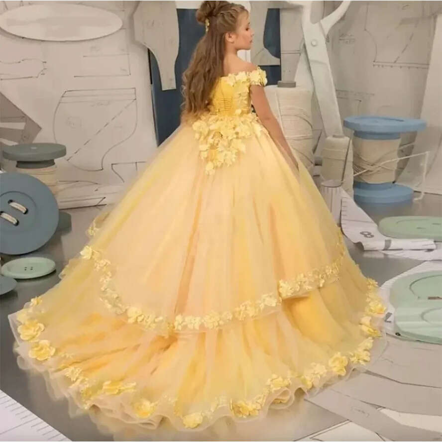 Yellow Wer Girl Lace Tulle Beading Appliqued Pageant For Girls First Communion Kids Prom Dresses 0509