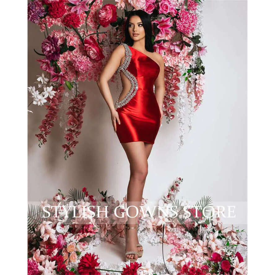 Red One Shoulder Short Prom Crystal Beading Rhies Birthday Tail Dress Cut Out Senior Homecoming Party 0914 0218