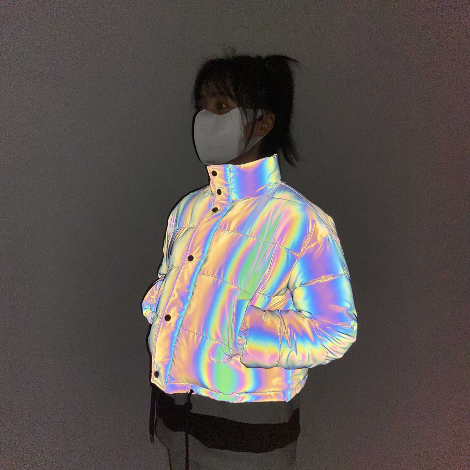 Women's Down Parkas Rainbow reflective winter jacket for women fashionable warm cut jacket night reflective safe casual short park jacket Y241019