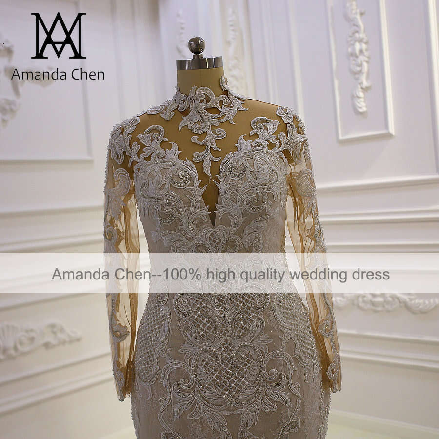 vestido novia civil High Neck Long Sleeve Lace Appliques Mermaid Wedding dress