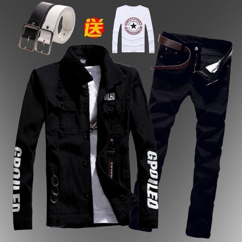 Mens Slim Fit Denim Jacket Pants 2pcs Set Long Sleeve Coats Letters Printed Casual Large Size Black White Red Boys Trousers 240624