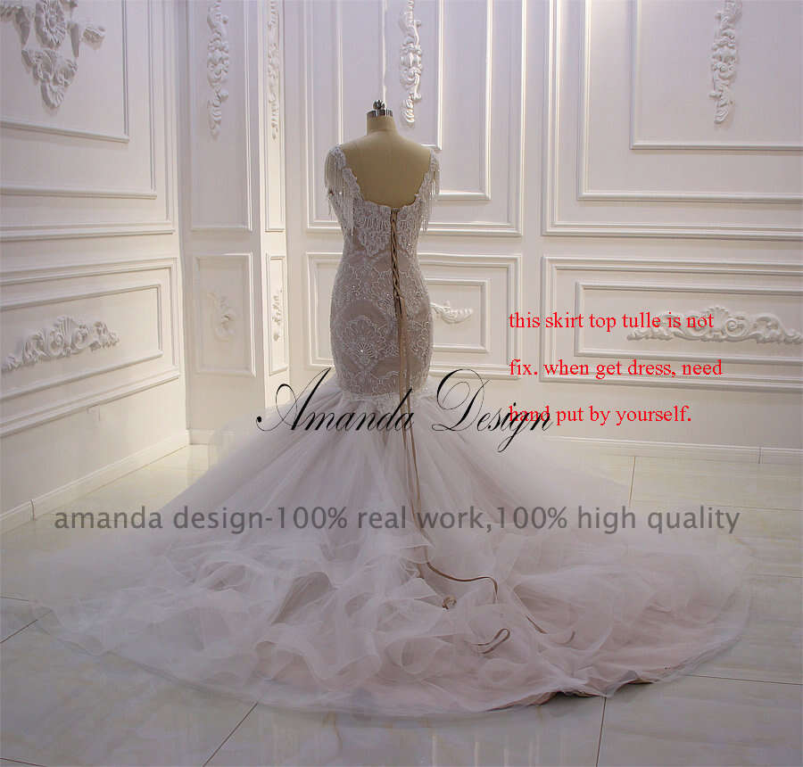 Amanda Design vestidos de novia Cap Sleeve Lace Appliques Tiered Mermaid Wedding Dress