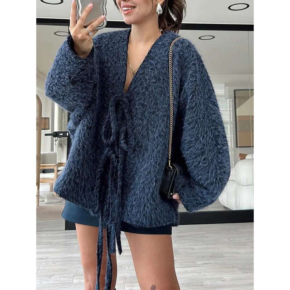 Elegant Solid Mohair Lace Up Women Knitted Cardigan Chic V Neck Long Sleeve Short Sweater Autumn Lady Commute Street Outerwear