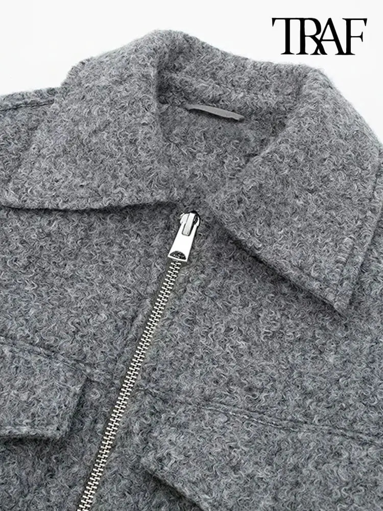 TRAF Women Fashion Patch Pockets With Flaps Cropped Jacket Coat Vintage Long Sleeve Front Zipper Female Outerwear Chic Tops 241024