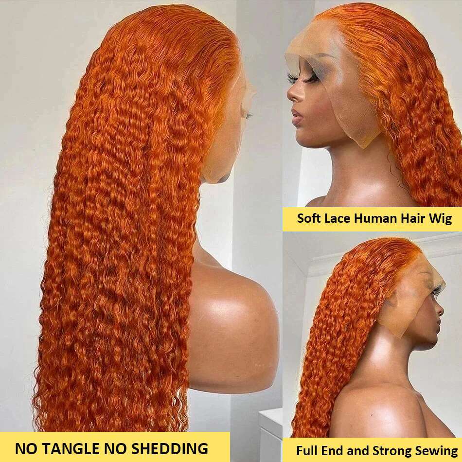 Inch x Orange Ginger Curly Lace Frontal Human Hair Wig Density Deep Wave Front Wigs For Women