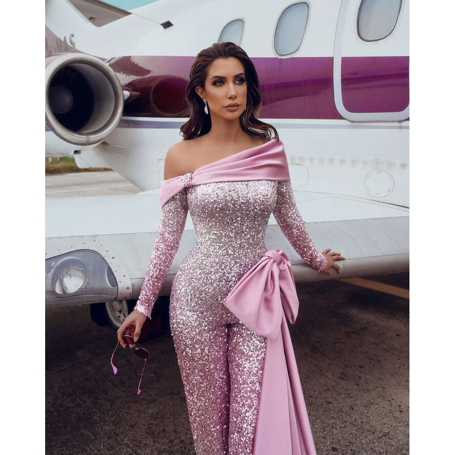 Elegant Pink Jumpsuits Evening Gown Off Shoulder Sequins Party Prom Pantssuit Bow Knot Sweep Train Formal Long Jumpsuit For Special Ocn 0515