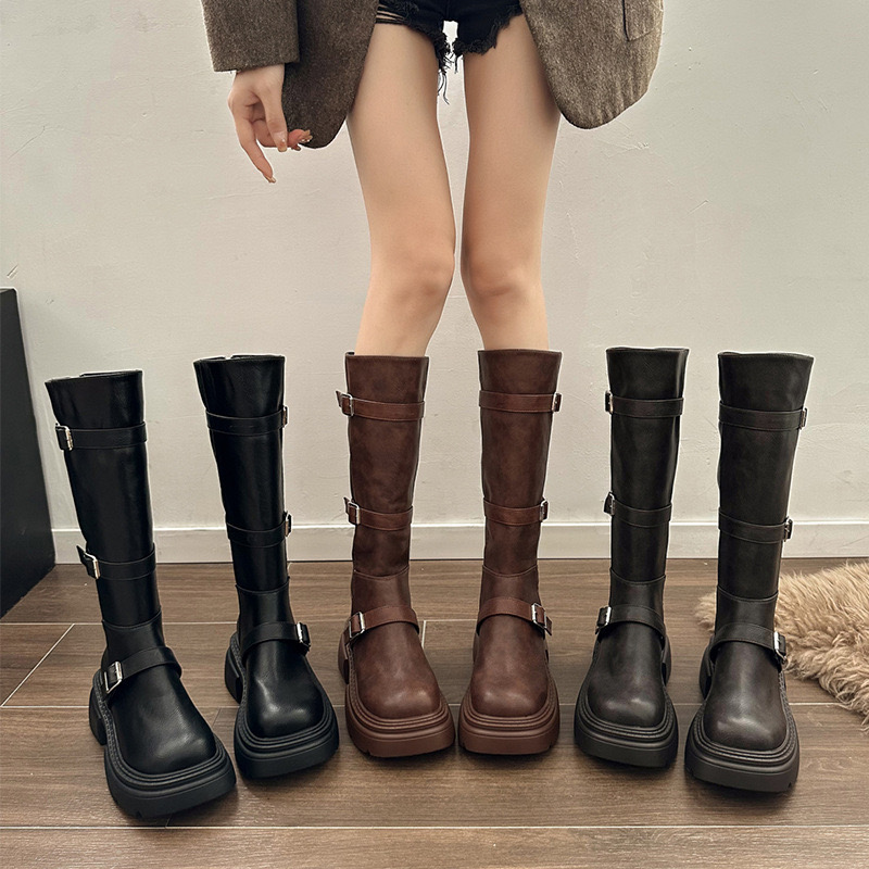 natural Women's suede leather chunky heel platform metal buckle punk female autumn New knee high side zip knight boots shoes