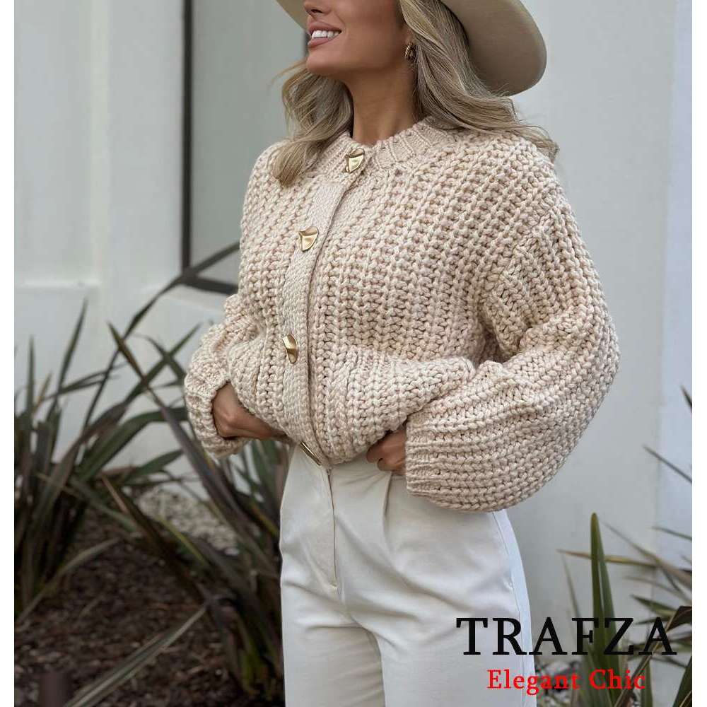 TRAFZA Women Fashion Cable Knit Gold-Color Button Jacket New Spring Fall Casual Simple Knitted Coat
