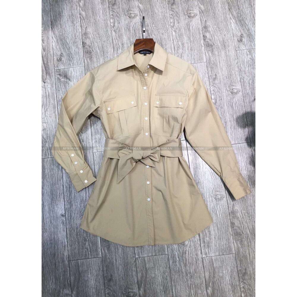 2024 Autumn New Polo Collar Long Sleeve Single Breasted Lace Up Waist Canvas Shirt Dress