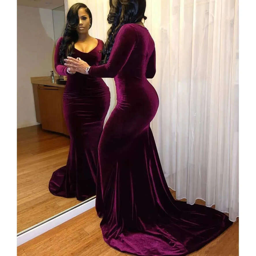 Mermaid Arabic Sexy Deep Purple Veet Long Sleeve Prom Dresses Graduation Party Dress Vestido De Festa Formal Evening Gowns 0510