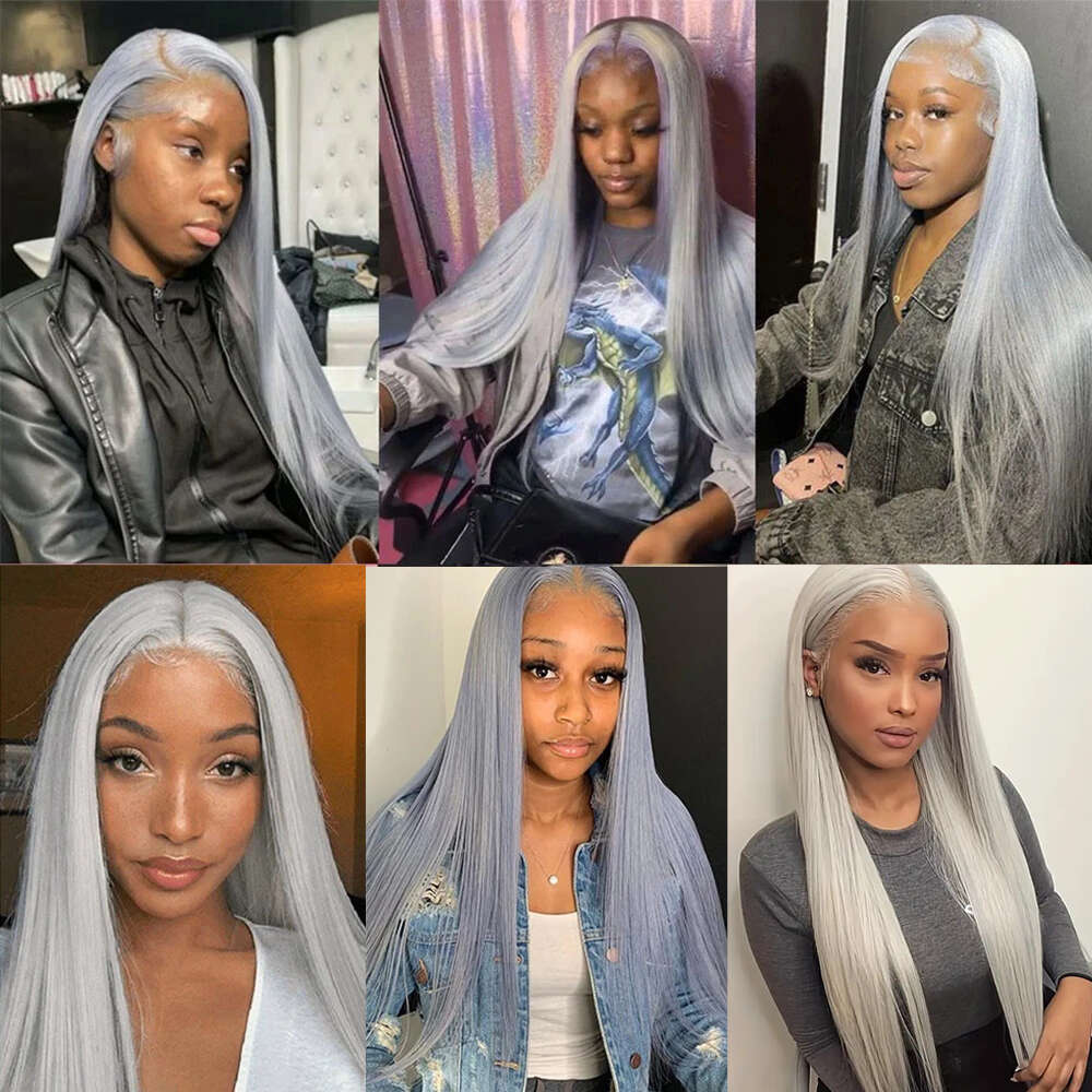 Silver Gray Straight Human Hair Wigs Ash Blonde x HD Transparent Lace Frontal Wig Front