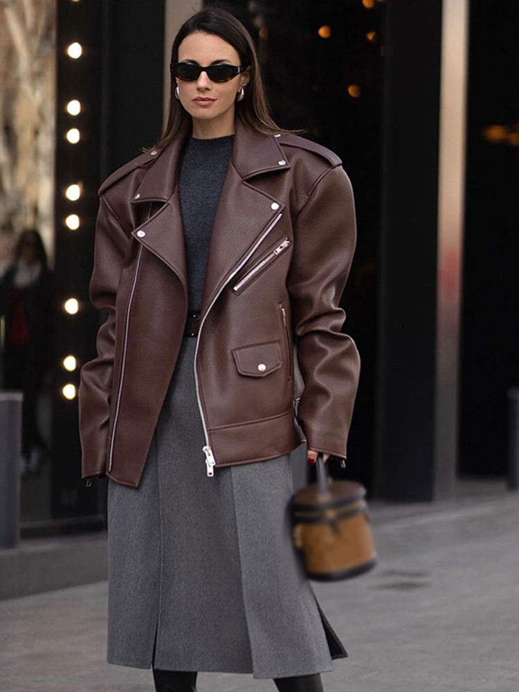 Elegant Turn-Down Collar Women Jacket Fashion Pu Leather Full Sleeve Female Coat With Zipper Locomotive Loose Ladies Outwear