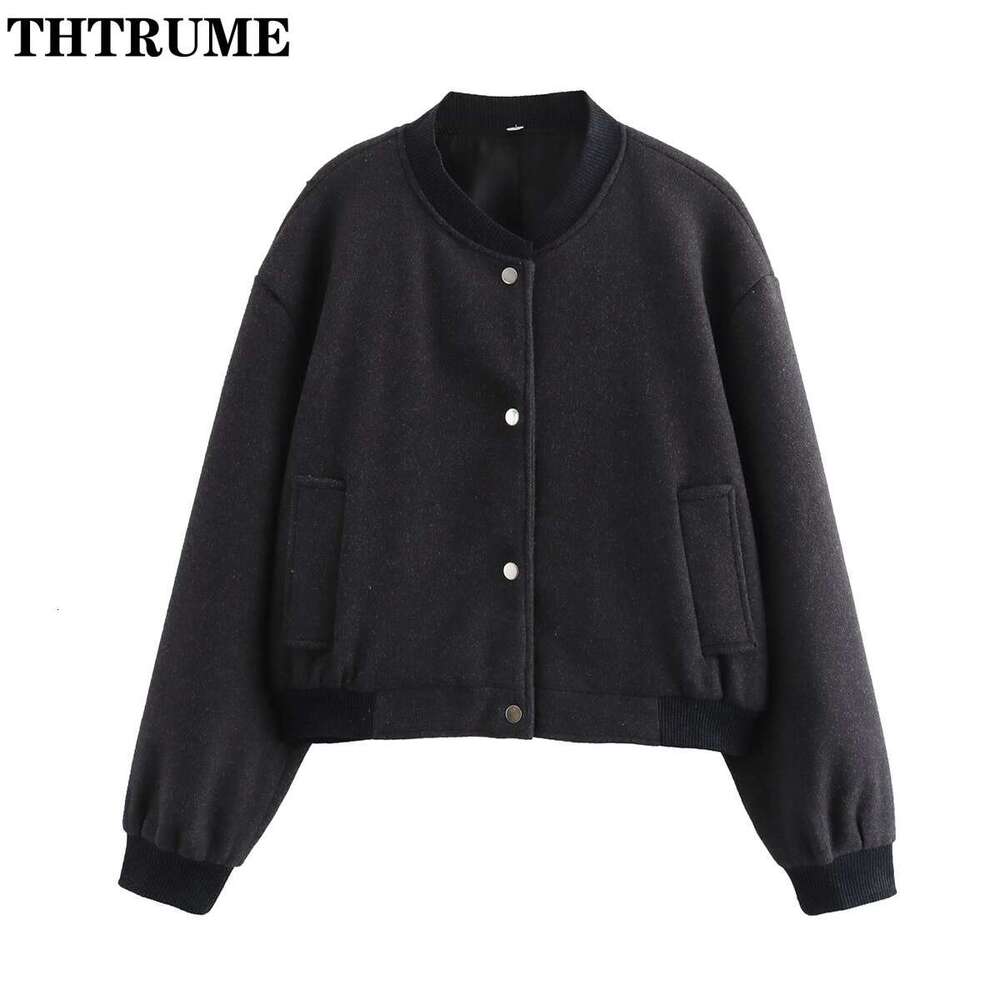 2024 New Single Breasted Jackets For Women Fashion Solid Round Neck Bomber Tweed Coats Casual Streetwear Autumn Winter Outwear