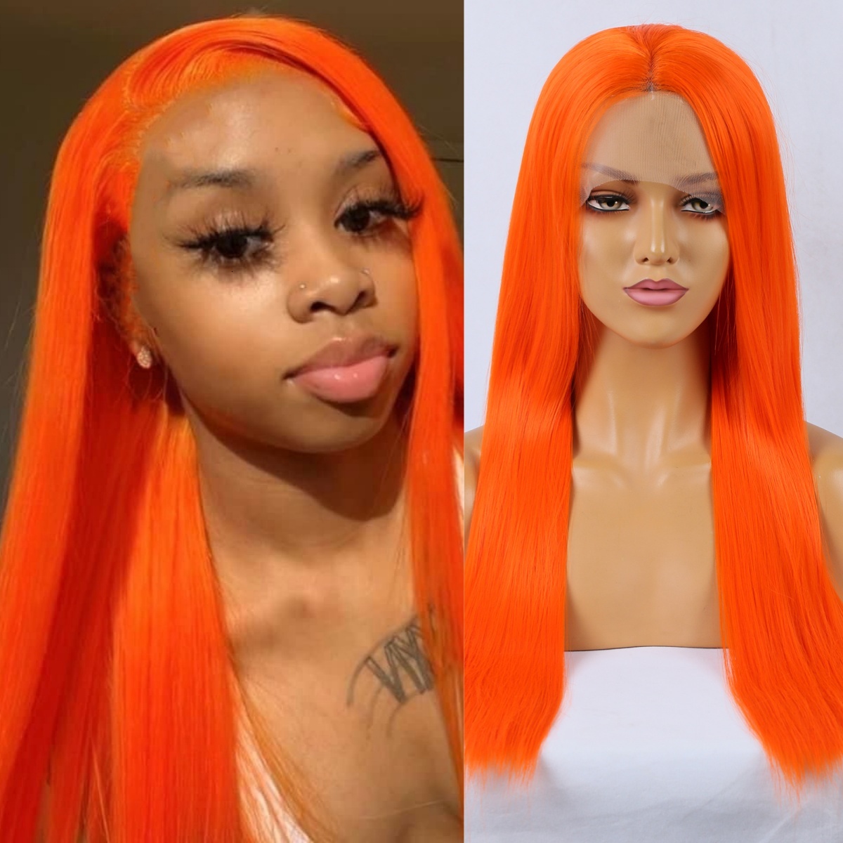 RDY Hot Neon Orange Synthetic Lace Front Wig Glueless Natural Haire Long Straight Colored Hair Frontal Wigs for Women