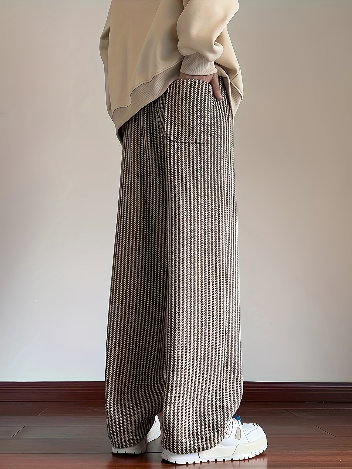 Men's casual striped pants with waistband design - mid waist design, polyester fabric, elastic waistband, straight cut, with waistband included