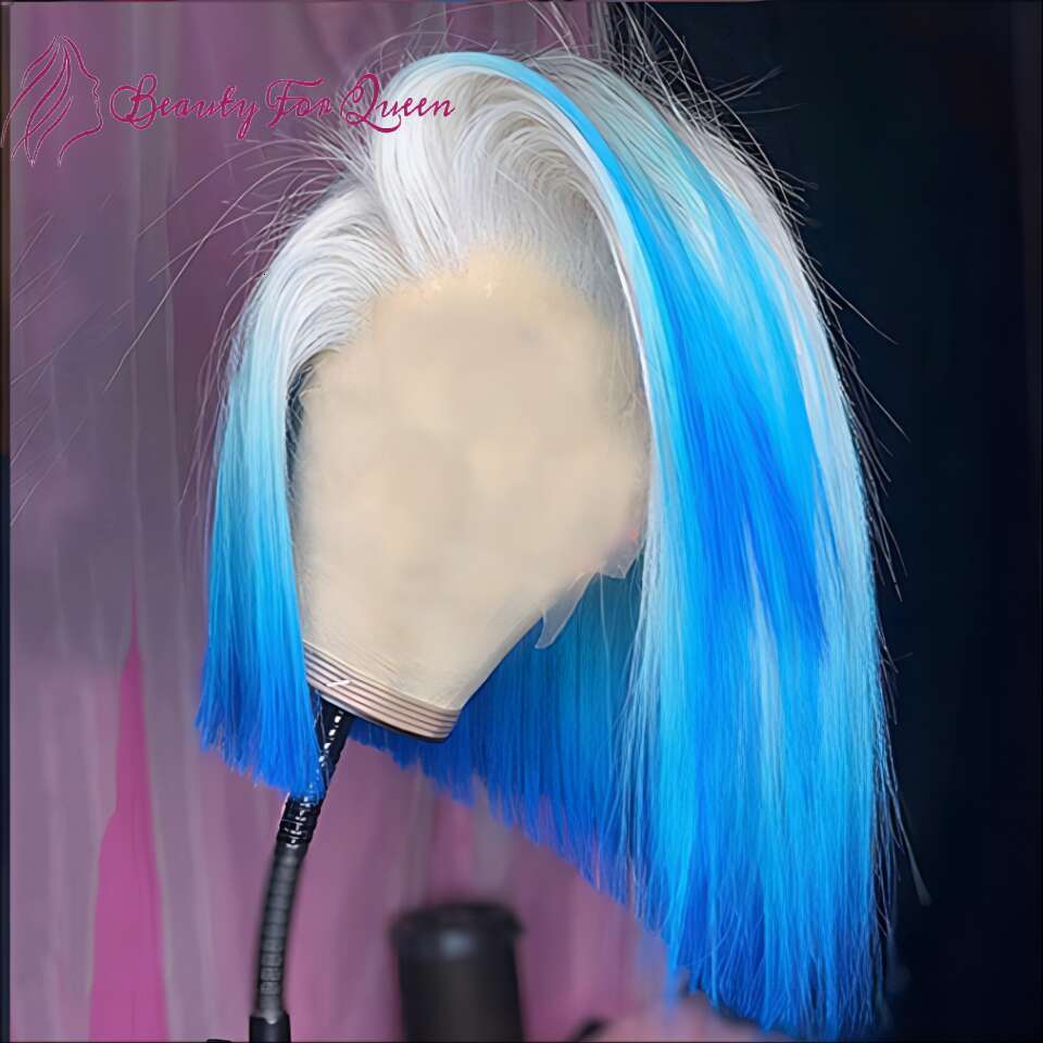Blue Short Bob Wig Lace Front Human Hair Wigs Straight Colored Transparent For Women