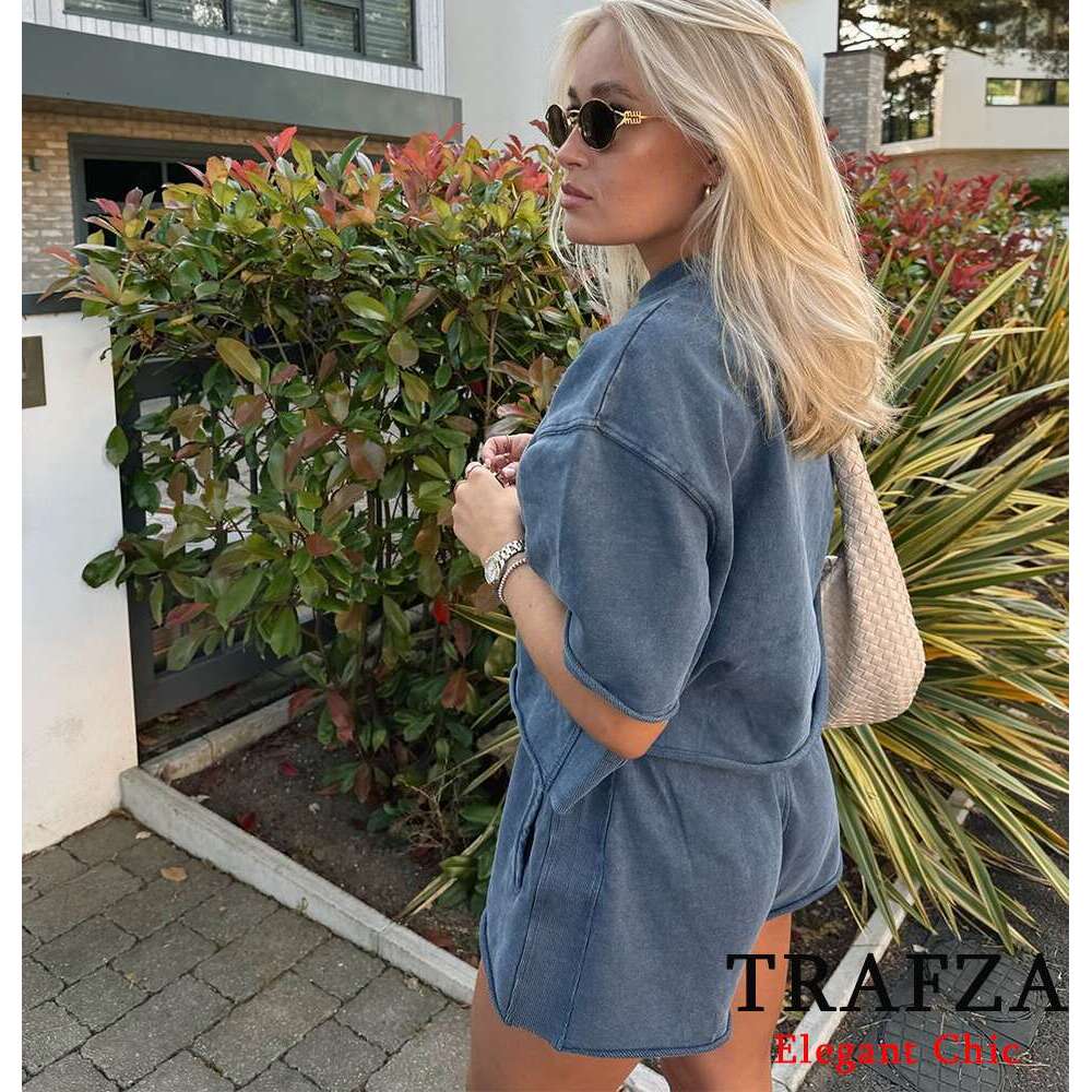 TRAFZA Basic Casual Sleeve Ribbed Short Women New 2024 Spring Summer Fasion Vacation Homeswear Shorts Set