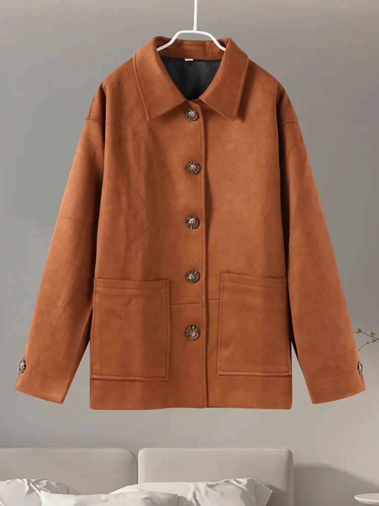 Brown single chest womens suede jacket casual lapel long sleeved womens short jacket autumn high street womens warm jacket 241025
