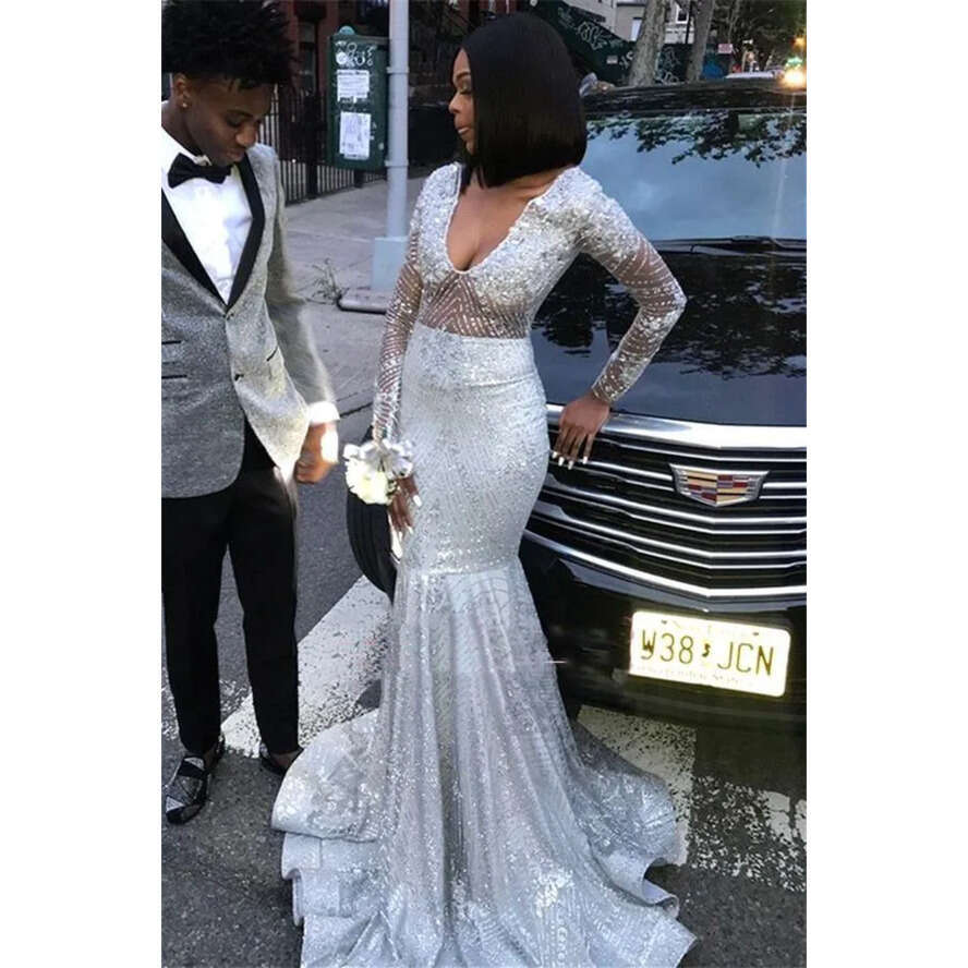 Bg Sparkly Sequins Sier Long Sleeves Mermaid Prom Party Dresses Sexy V Neck Black Girls Reflective Gala Evening Gowns