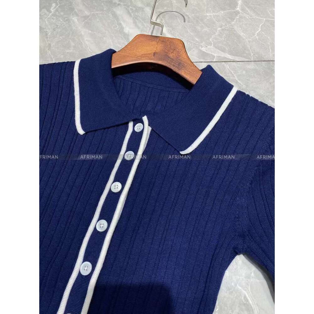Women Polo Collar Color Patchwork Threaded Knitted Long Dress