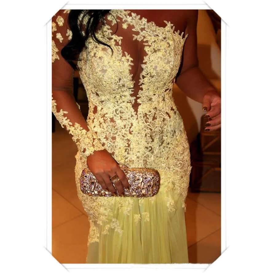 Oscar Yellow Mermaid Lace Sleeve Prom Sheer Chiffon Evening Gowns Long Celebrity Red Carpet Dresses One Shoulder Necke 0509