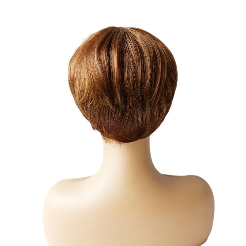 Wig for women brown short side bangs fluffy face-shaping synthetic fiber full headpiece